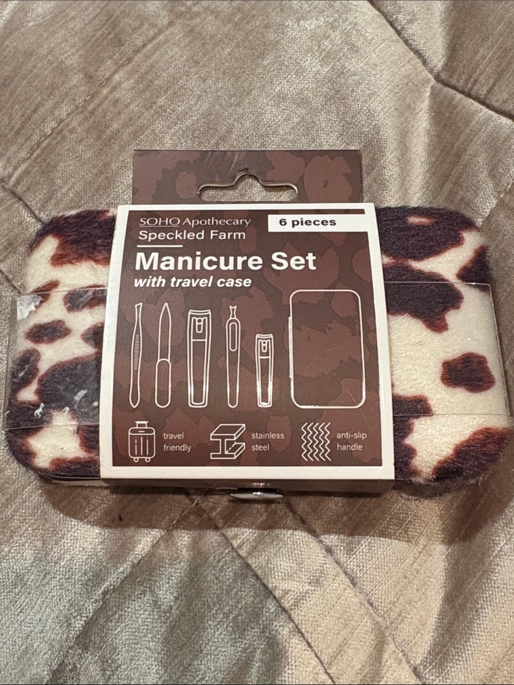 Mani Pedi Travel Case Set Speckled Farm Manicure Set Cow Print Brand New
